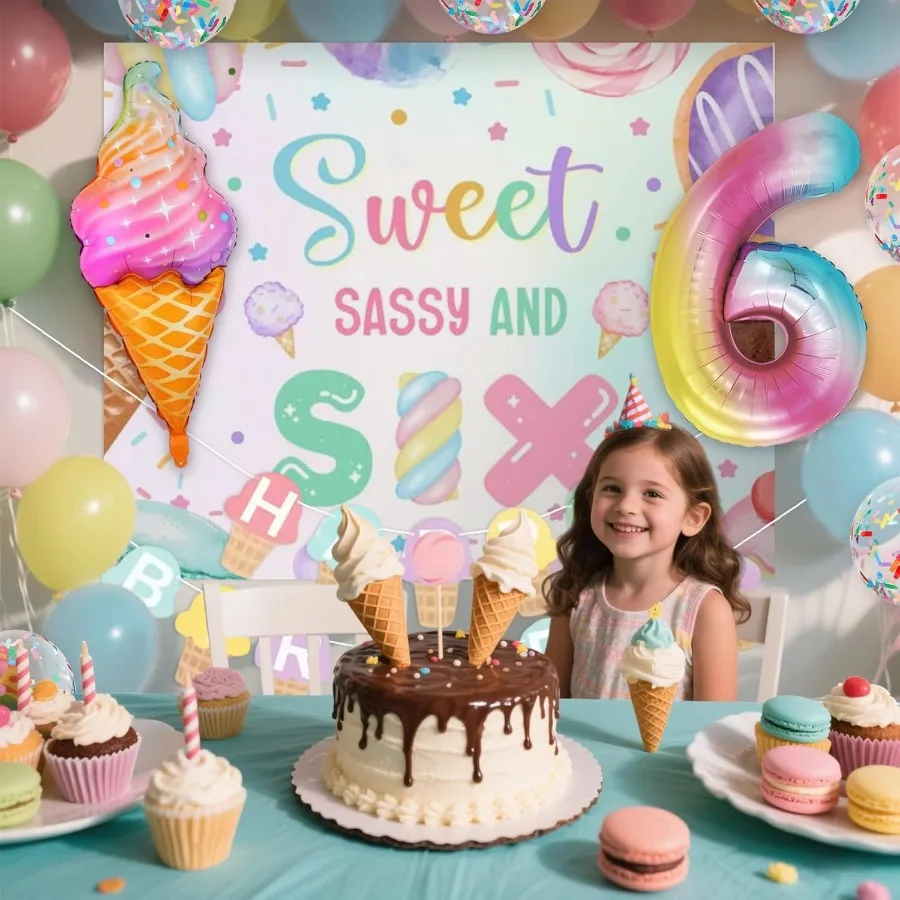 Zoete Sassy en zes verjaardagsdecoraties voor 6-jarig meisje Verjaardagsfeestje Decor Ijs Donut Achtergrond Ballonnen Macaron Bab