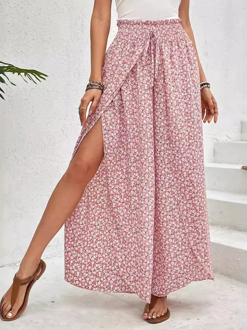 Casual Floral Wide Leg Pants Women's Versatile High Waist Nine Points Loose Fit Trousers Summer Thin Material Chinese Production