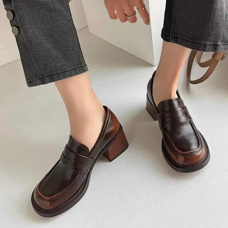 Krazing Pot Full Grain Leather Thick High Heels Spring Oxford Shoes Loafers Slip On Concise Style British School Ins Women Pumps