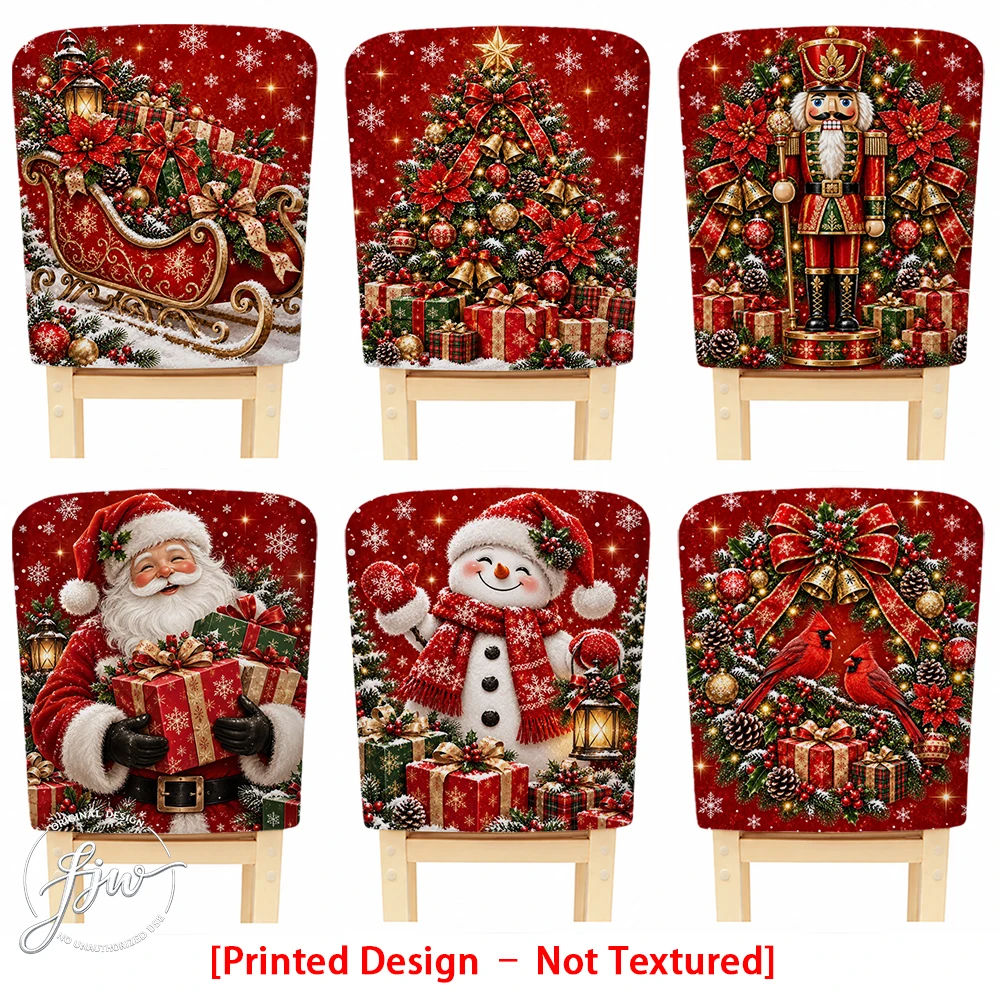 2/4/6pc Christmas Chair Back Covers Holiday Dining Chair Slipcovers with Santa Snowman Nutcracker Xmas Tree Designs