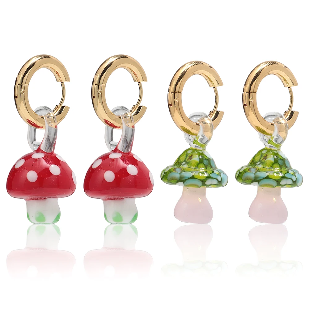 Fashion Golden Stainless Steel Circle Earrings for Women Girls Sweet Glass Mushroom Pendant Earring Charm Jewelry Gifts