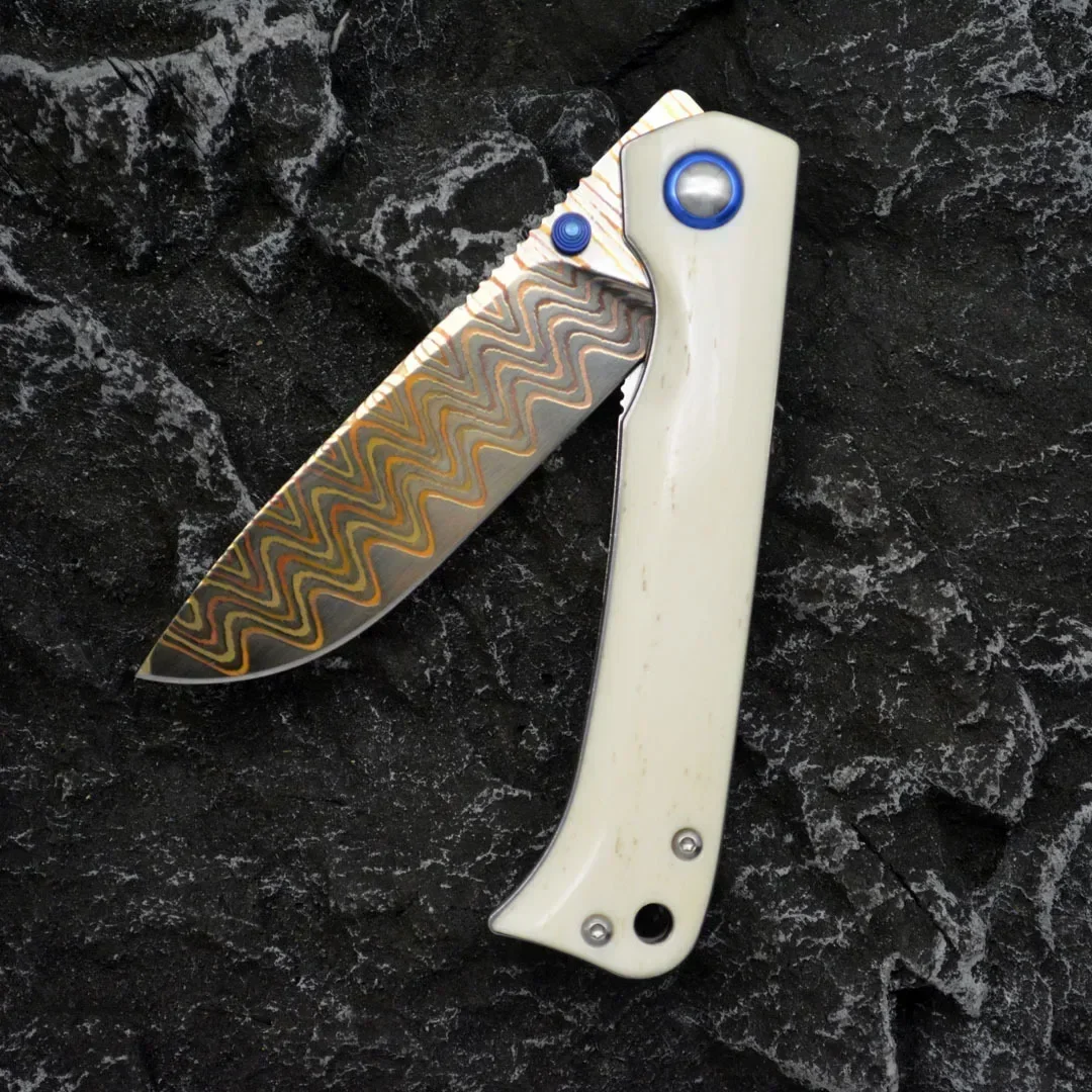 Copper Damascus Steel Hand Folding Knife Bull Bone Handle Sharp Camping Outdoor Hunting Knife EDC Tool Collection Gift