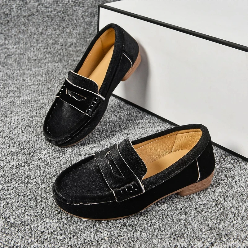 Mocassins de Luxe en Velours pour Enfant Fille et Garçon, Chaussures Plates à Enfiler, Souples, Rouges et Noires