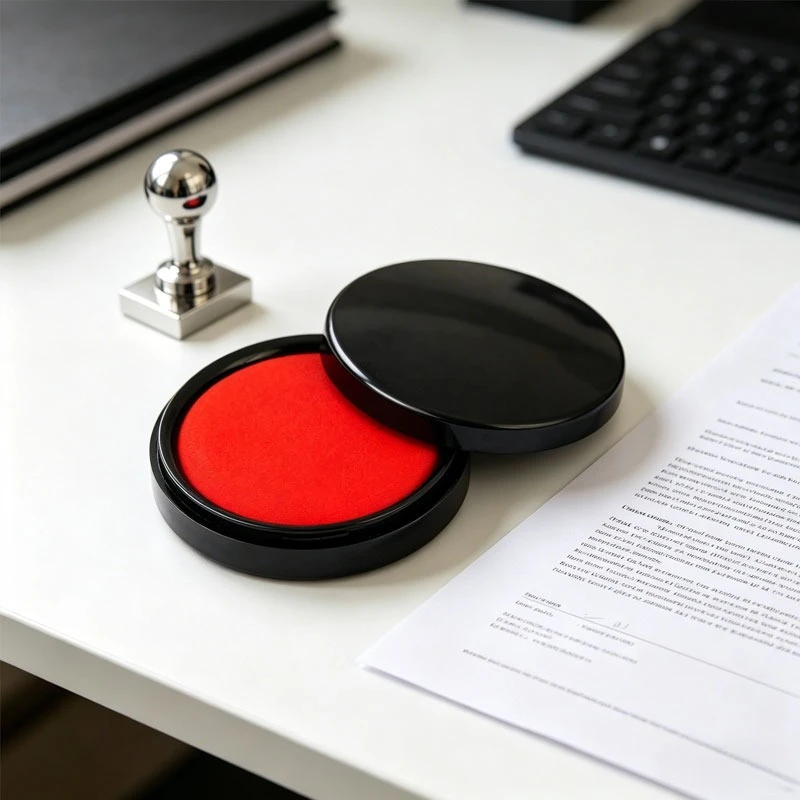 Almohadilla de tinta roja vintage para oficina y documentos, almohadilla de tinta con estuche redondo negro para firmas y sellos.
