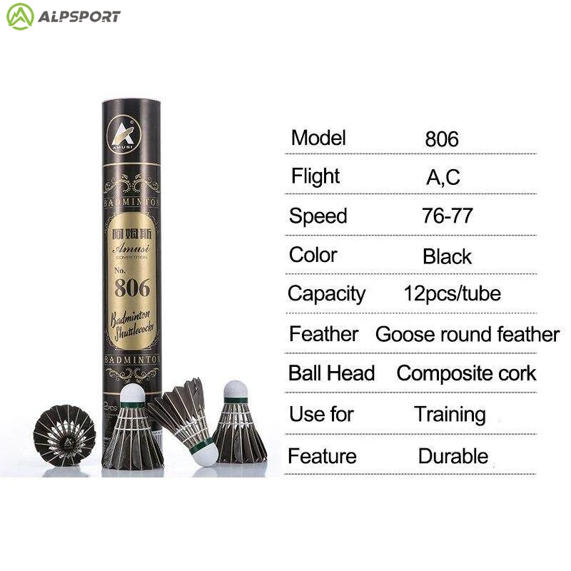 ALP 806 Kok Bulu Tangkis 12 Buah Bola Bulu Tangkis Bulu Angsa Hitam untuk Latihan Olahraga Bulu Tangkis 77 76 Shuttlecock Kecepatan