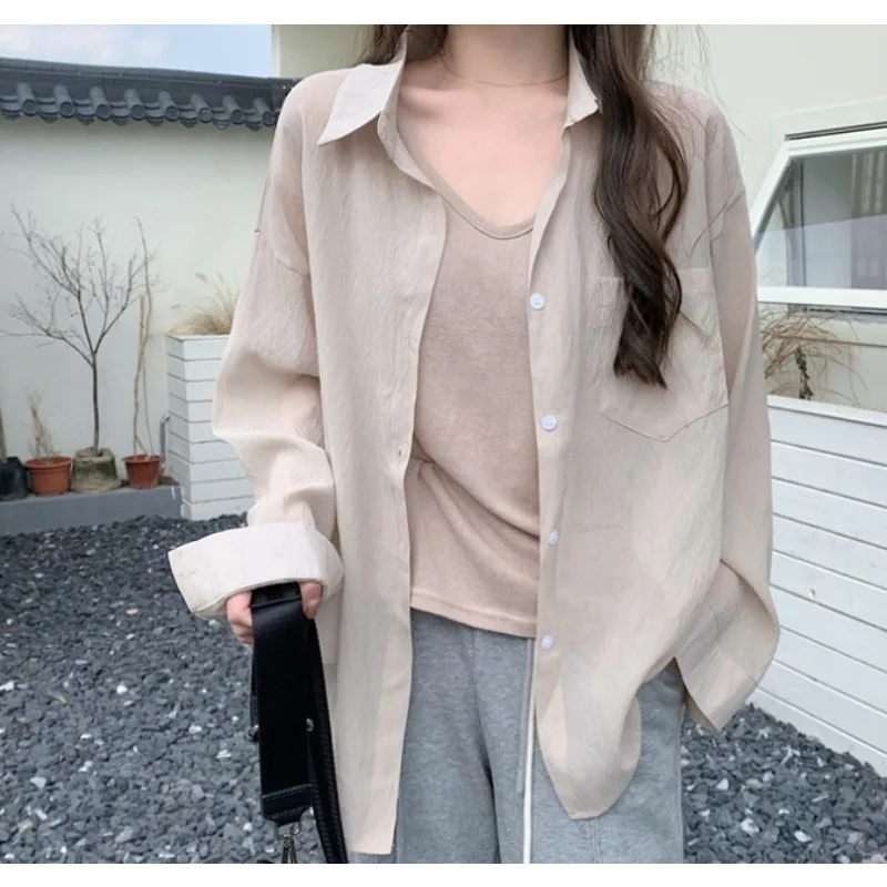 Camicia estiva da donna con protezione solare Camicetta prospettiva elegante Harajuku coreana Vedi attraverso Top allentato Y2k Cardigan da donna casual Blusas