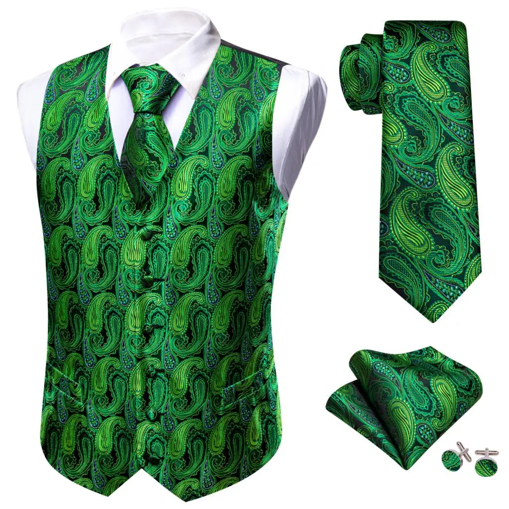 

Elegant Men's Wedding Dress Vest Silk Green Paisley Man Formal Suits Party Male Steampunk Gilet Waistcoat Tie Set Barry Wang