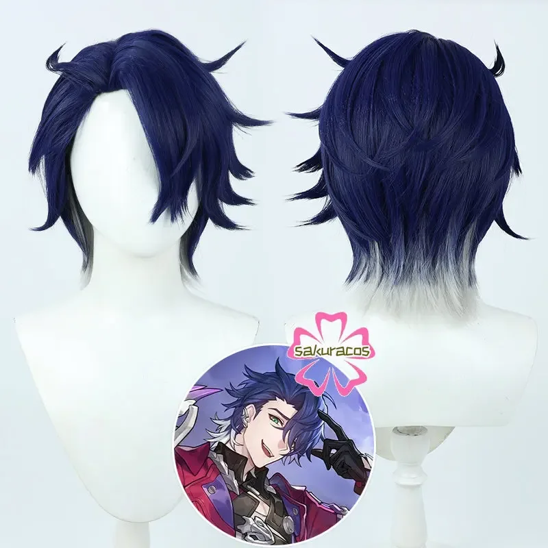 Honkai: Star Rail Sampo Koski Cosplay Wig Blue White Mixed Men Short Wigs Heat Resistant Synthetic Hair for Halloween Role Play