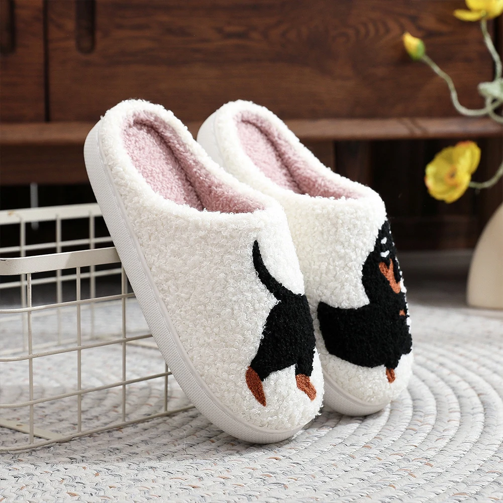 Pet Pattern Dachshund Embroidery stuffed Home Thick Sole plaid Furry Cotton Slippers Cute Warm Non-slip Indoor Slippers Mom Gift