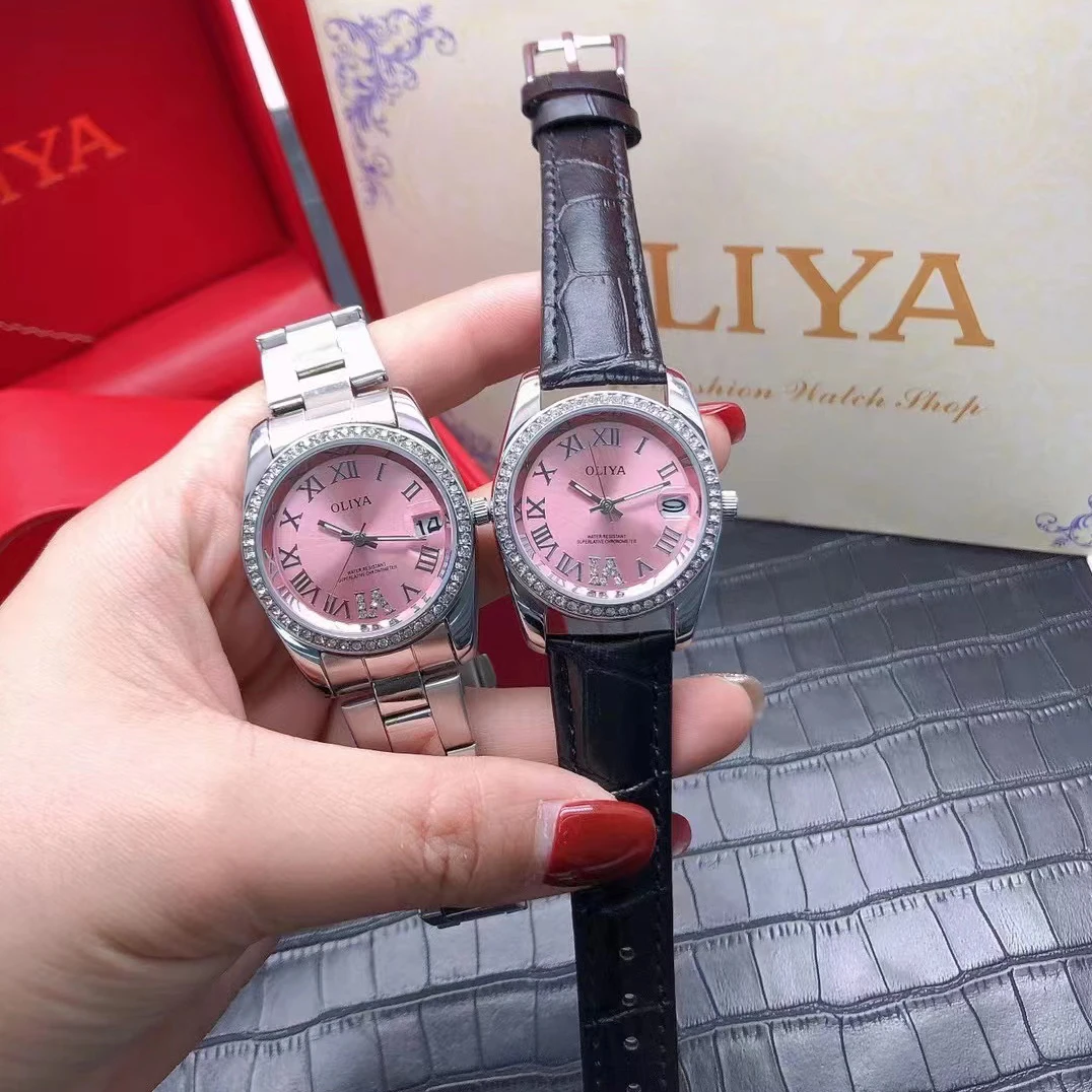 Light luxury waterproof diamond-encrusted Japanese quartz movement log blue leather strap steel case Success women's watch
