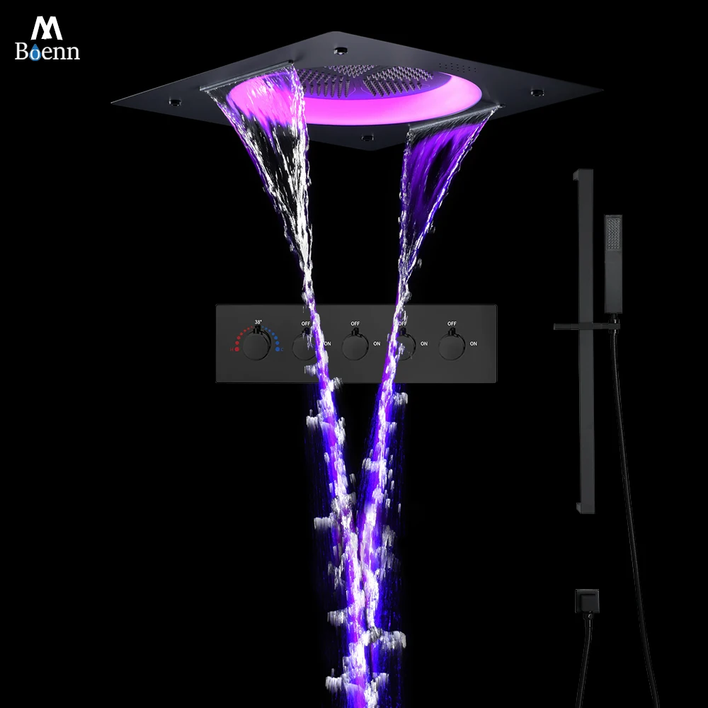 

M Boenn Luxurious LED lighting Shower Set System Concealed Smart Thermostatic Mixer Bathroom Faucets Black Shower Head Rainfall