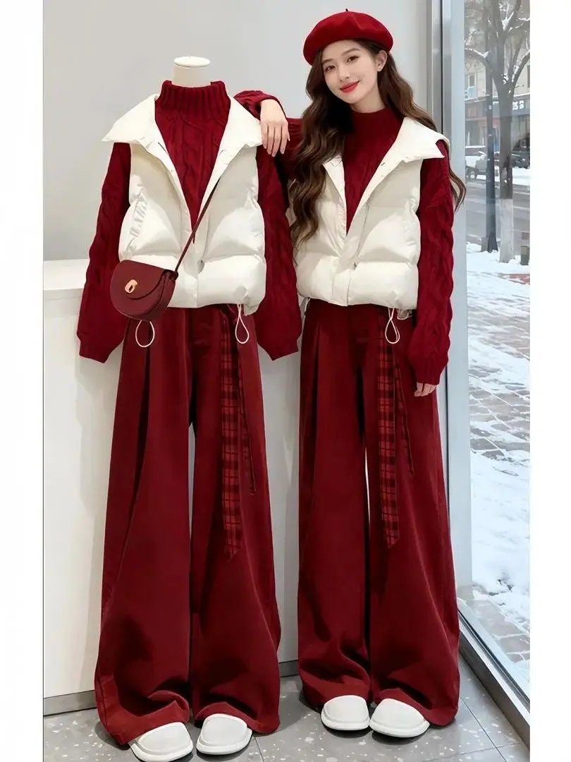 

Красный комплект футболок Cisas, женская модная повседневная одежда, широкие брюки с высокой талией, вязаный свитер, хлопковый жилет с перекрытием