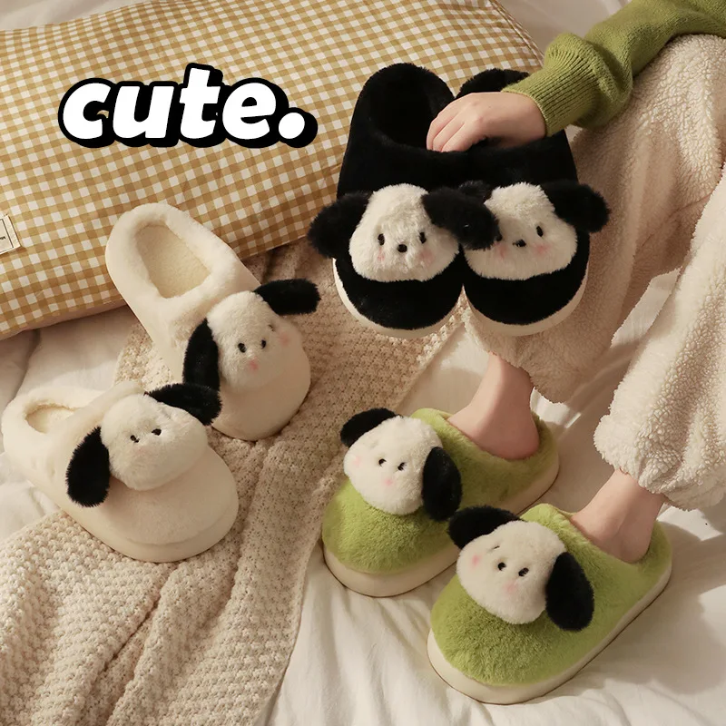 Slippers For Women Winter Home Indoor Household Cute Dog Warm Non-slip Couple Plush Cotton Slippers Men Winter