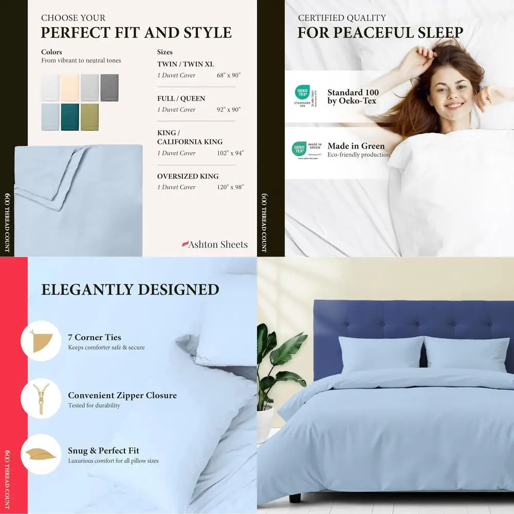 

Luxury 600TC 100% Egyptian Cotton Queen Duvet Cover Set - Soft Sateen, Zipper & Corner Ties, Light Blue