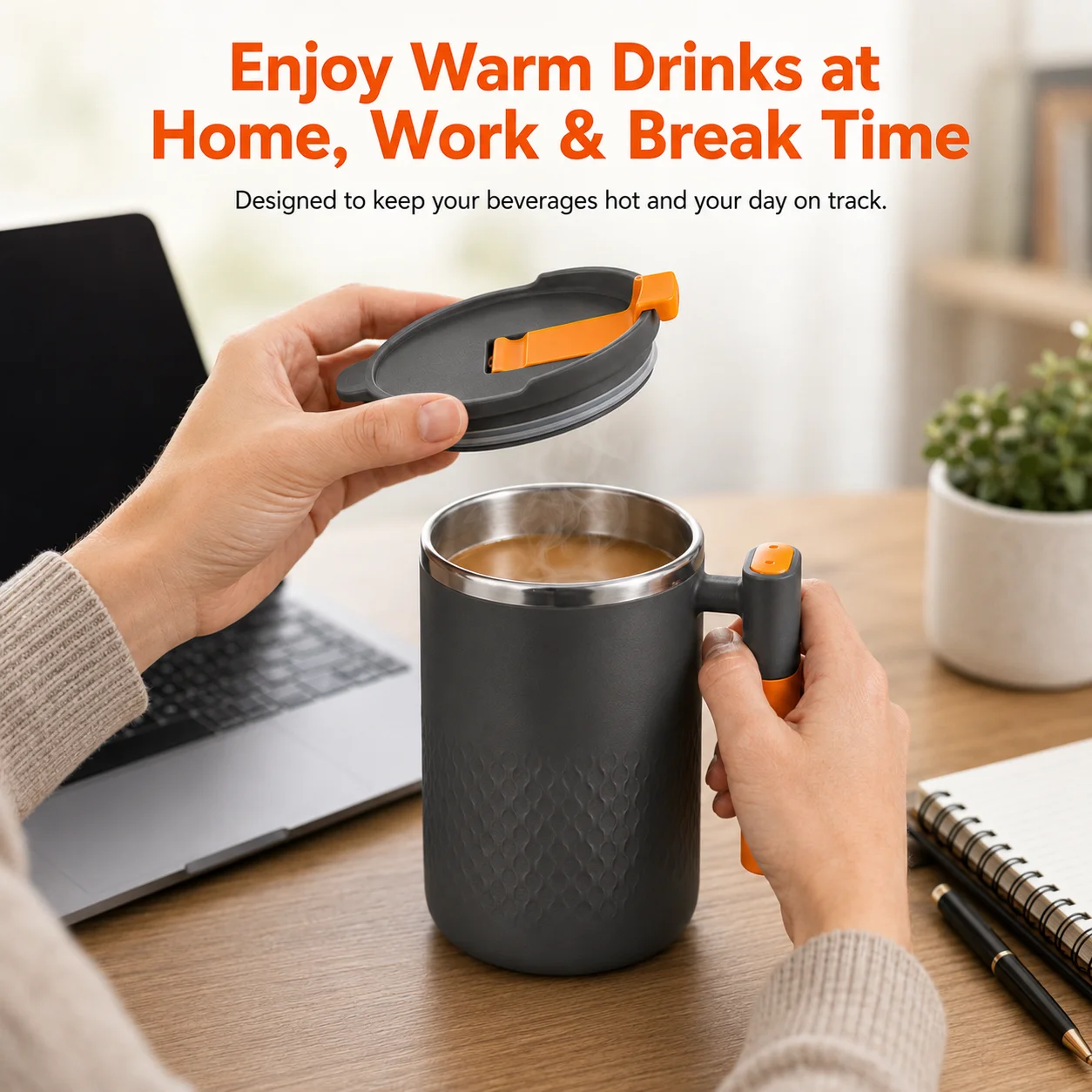 Uwhise 450ml Stainless Steel Coffee Mug With Lid Double Wall Insulated Water Cup For Office Work Hot Drinks Anti Scald Desk Cup - view 2