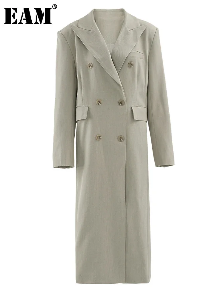 

[EAM] Women Green Double Breasted Big Size Long Blazer New Lapel Long Sleeve Jacket Fashion Tide Spring Autumn 2024 CP6A0017