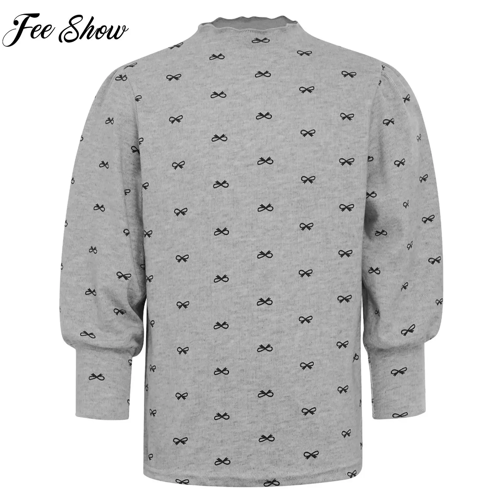 

Girls Yoga Dance Casual Clothes Tops Cute Bowknot Print Thermal Top Long Sleeve Pullover Undershirt Kids Basic Base Layer Shirt