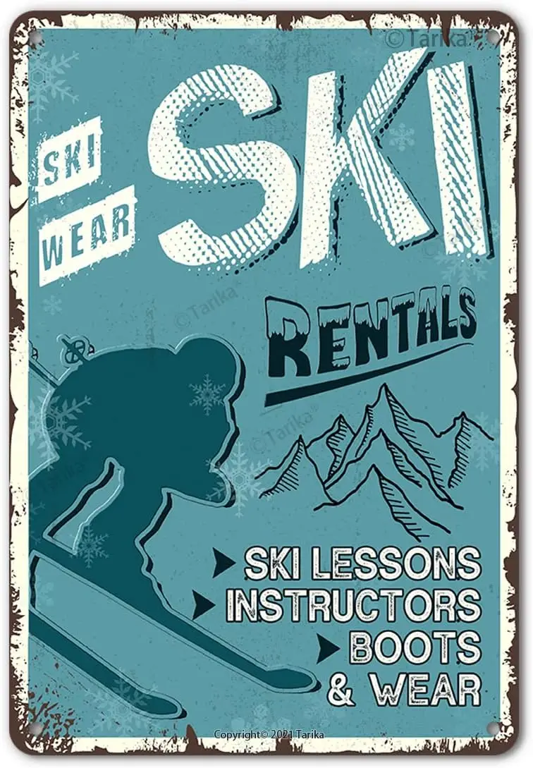 Y1,Ski Rentals Tin Sign, Ski Wear Lessons Instructors Boots Vintage Metal Signs for Lodge Cabin Bar Pub Shop Wall Decor