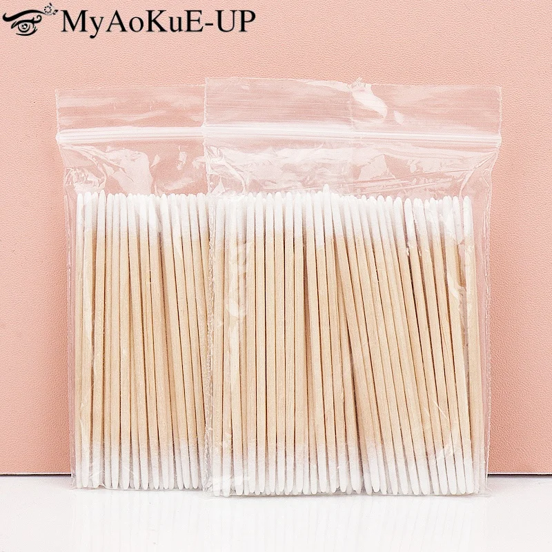 100/300/500Pc 使い捨て超小型綿棒ブラシ糸くずの出ないマイクロウッドメイクブラシまつげエクステンション接着剤除去ツール