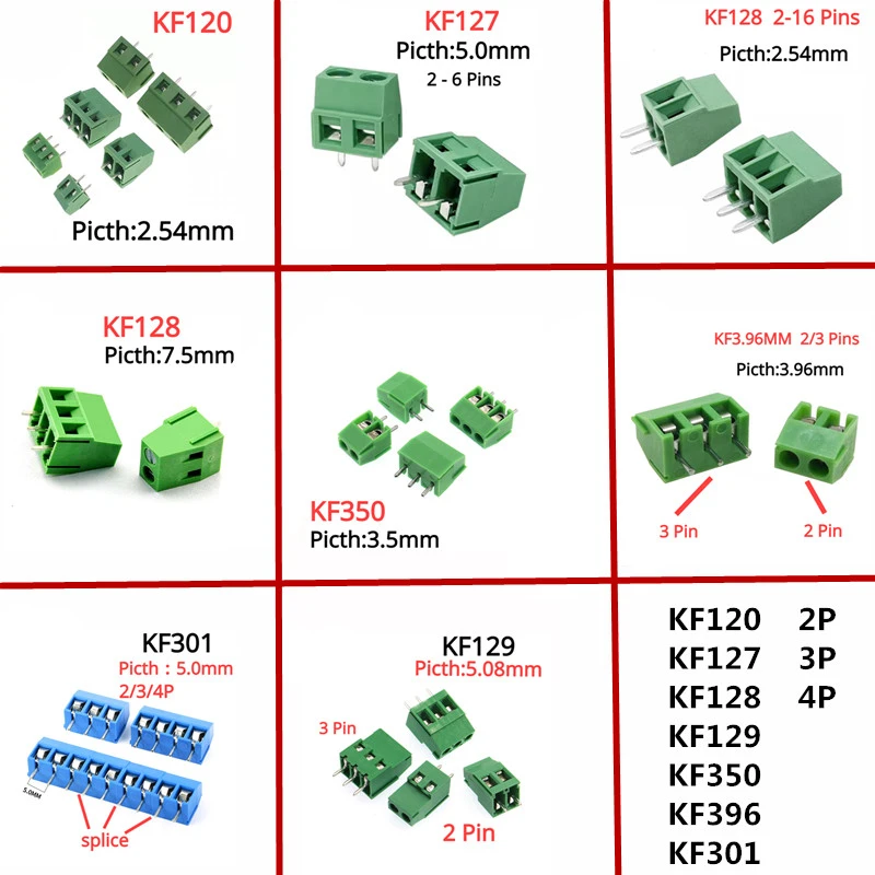 

10Pcs KF128 2Pin 3Pin Screw Type PCB Terminal Block Wire Connector 2.54mm/3.5/3.96/5.0/5.08/7.5mm Straight Pin Splice Terminals