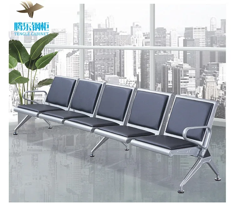 Outdoor Steel Gang Chair Seats With Optional PU Leather Cushion Three-Seat Tandem Bench For Airport Waiting For Outdoor Use