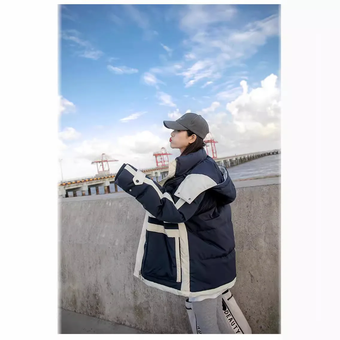 冬のパッチワークダックダウンコート女性韓国スタイルフード付きカーゴポケットダックダウンパファージャケットдвусторонняя куртка JK-207