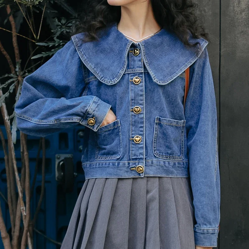 2023 Spring and Autumn Denim Jacket Women's Fashion Long Sleeve Doll Neck Pocket Top Korean Button Women's Casual Loose Coat