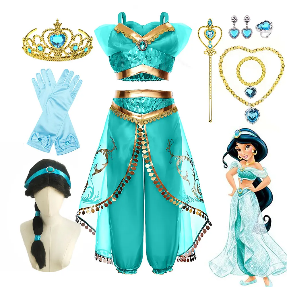 Disfraz de princesa de los cuentos de las noches árabes, Vestido de dos piezas de Jasmine real de Aladino de Disney, Vestido de Carnaval de Halloween de 2 a 12 años 2025