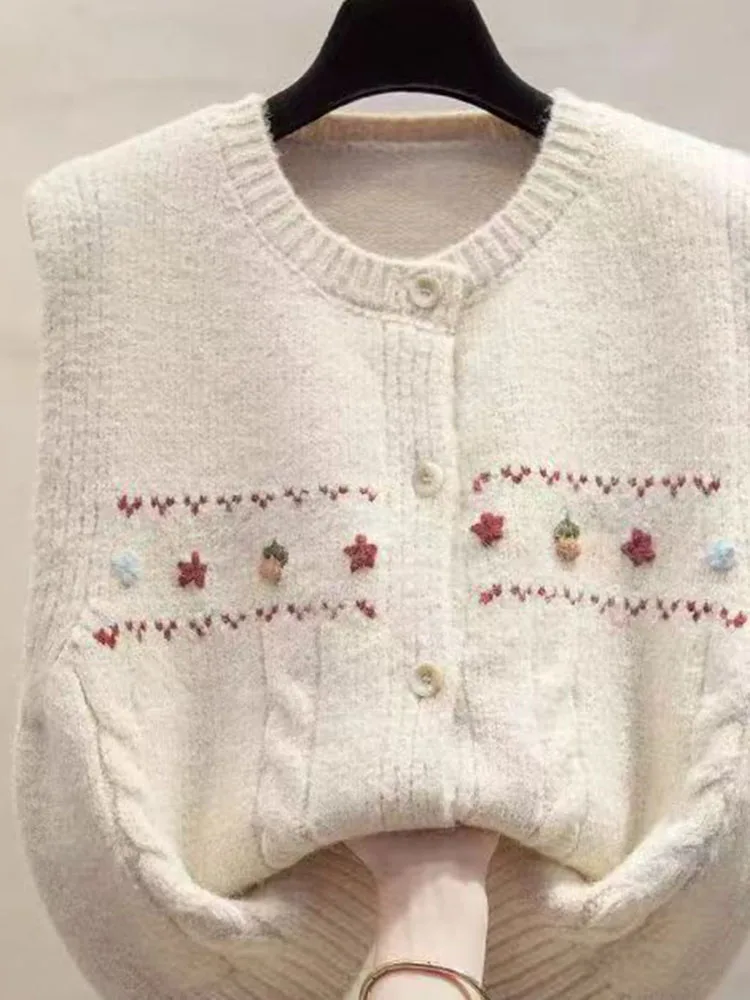 Retro Embroidered Flower round Ne Knitted Vest Women's Svel Open Cardigan New Sle High Faion Layered Top