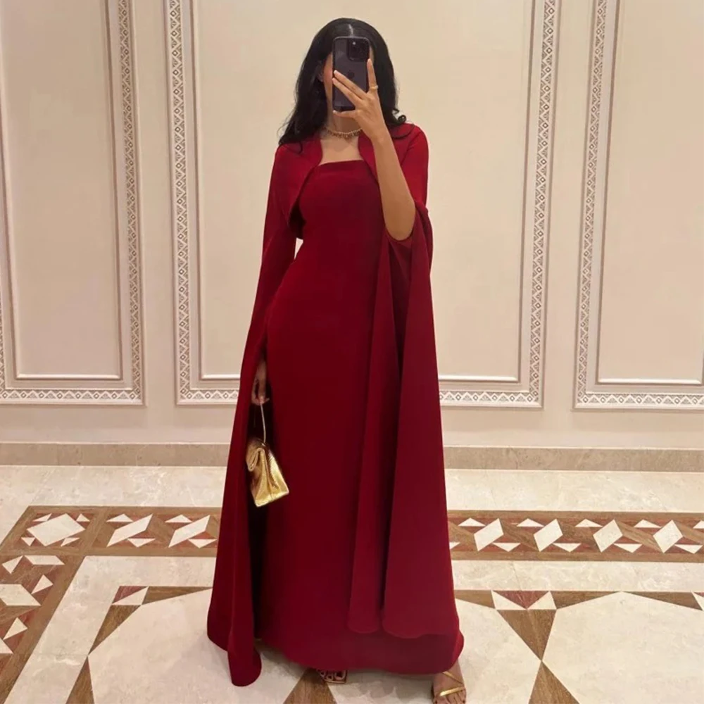 Simple Red Evening Dress Mermaid Floor Length Jersey Two Piece Strapless with Jacket Long Sleeve Women Customized فساتين سهرة