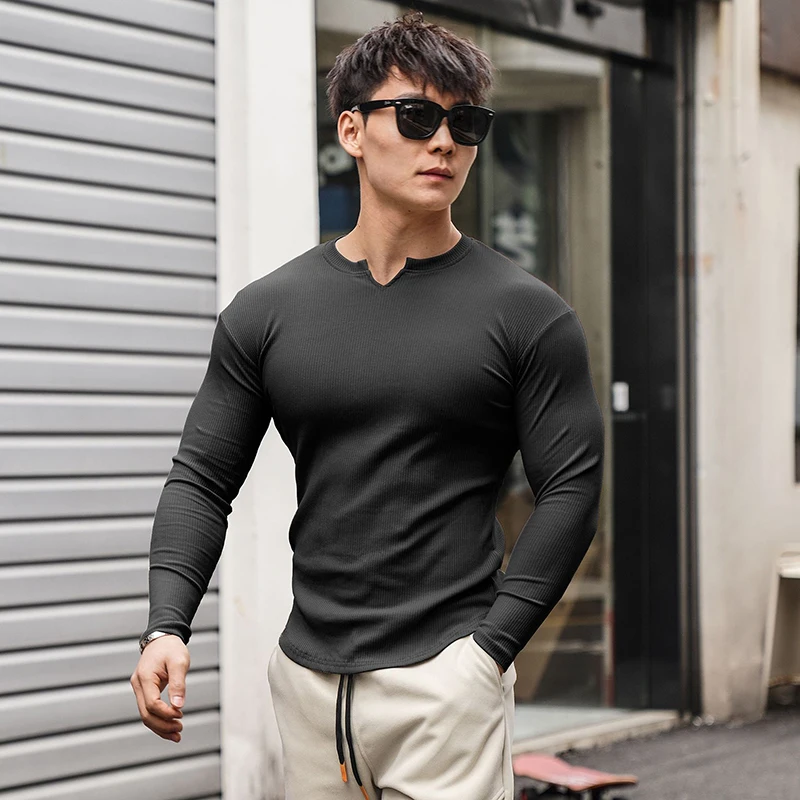 Men's Split O-Neck Long Sleeve T-Shirts Spring Autumn Simple Versatile Tight Pullover Tees Man Ribbed Breathable Sports T-Shirts