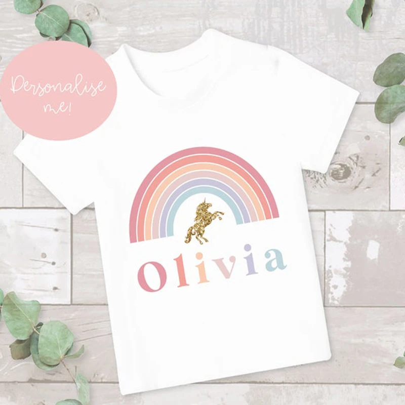 Girl Rainbow T-shirt 2025 Unicorn T shirt Personalised Kids T-shirts Birthday Keepsake Shirt Children Birthday Kid's Name Shirts