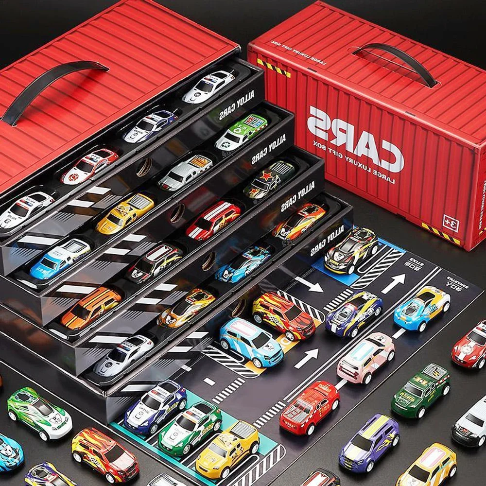 

Children's tin car, alloy car, toy mini, 48 cars with regenerative power, gift box set, container
