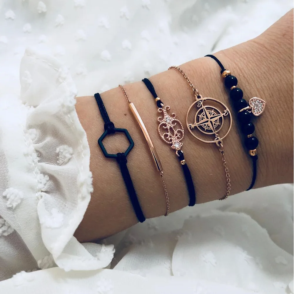 New Boho Compass Charm Bracelet Sets For Women Geometric Heart Black Beads Rope String Chain Bangle Trendy Jewelry Gift