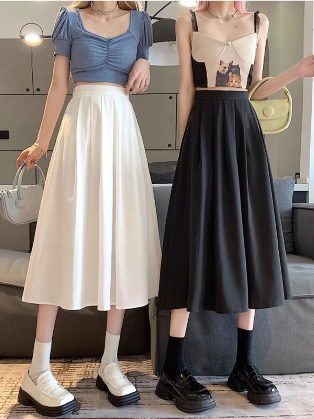 

White High Waist A-Line Pleated Skirt Women's Summer New Sle Midi Skirt French Sle Non-Stretch Polyester Fiber Skirt