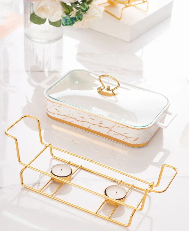 Rectangular Double‑Handle Ceramic Casserole Pan Luxury Tableware Candle Heating Pot Creative Dry Pot Soup Bowl for Hotel Home