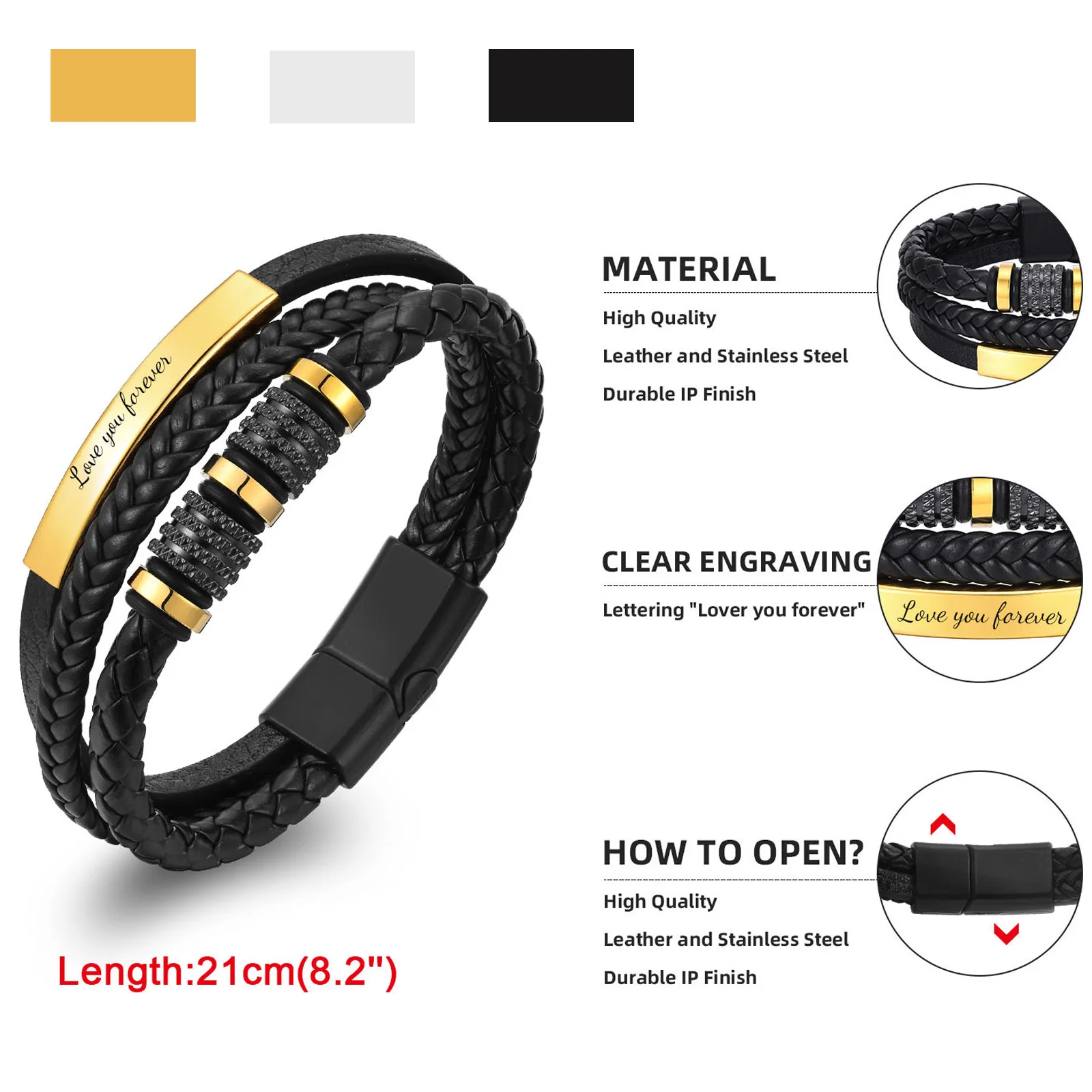 

Unisex 3-Layer Leather Bracelet Custom Braided Jewelry Customizable Stainless Steel with Text Perfect for New Year Gifting Daily