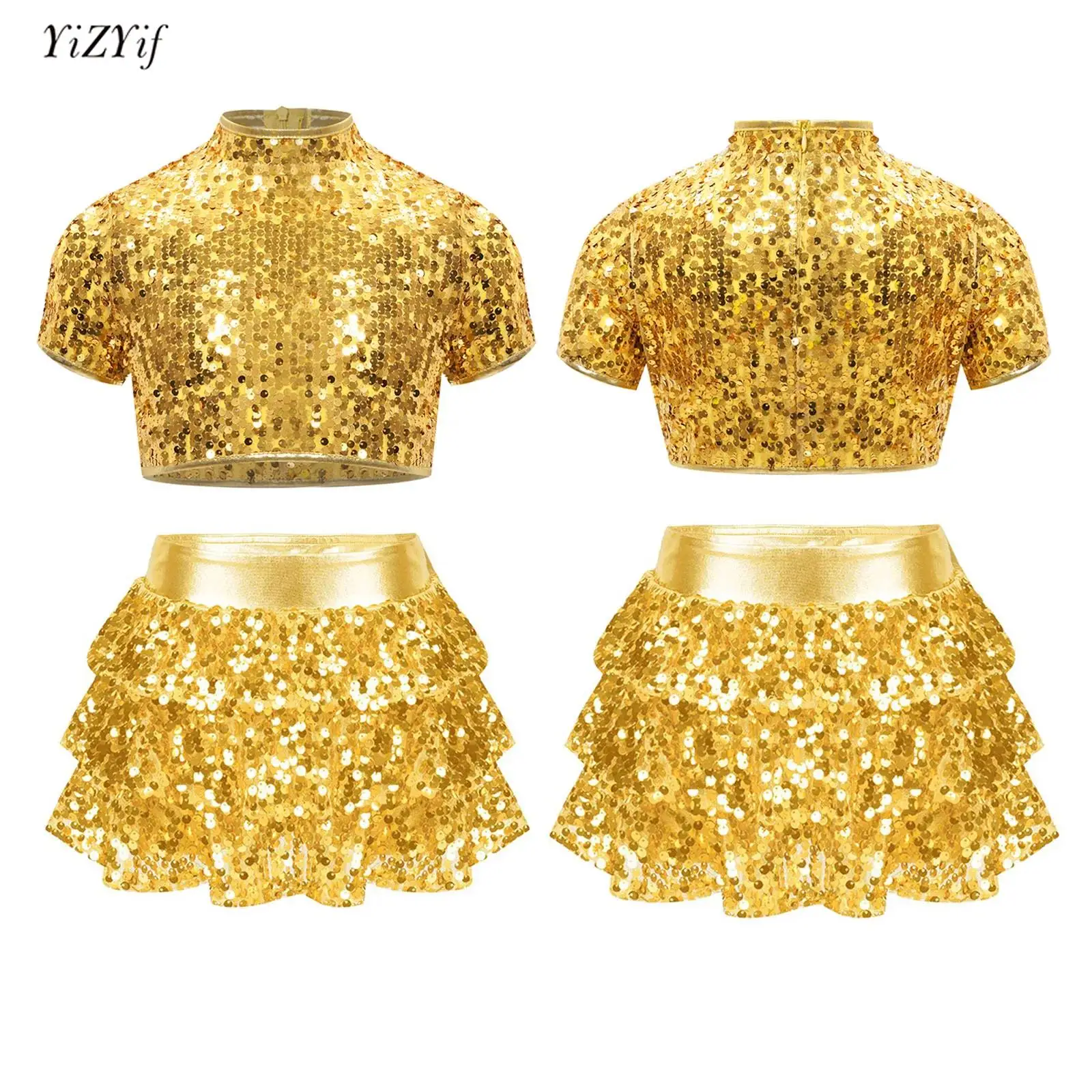 

Kids Girls Cheerleading Jazz Dance Costume 2Pcs Mock Neck Short Sleeve Sequins Crop Top+Tiered Ruffle Skirted Shorts Culottes