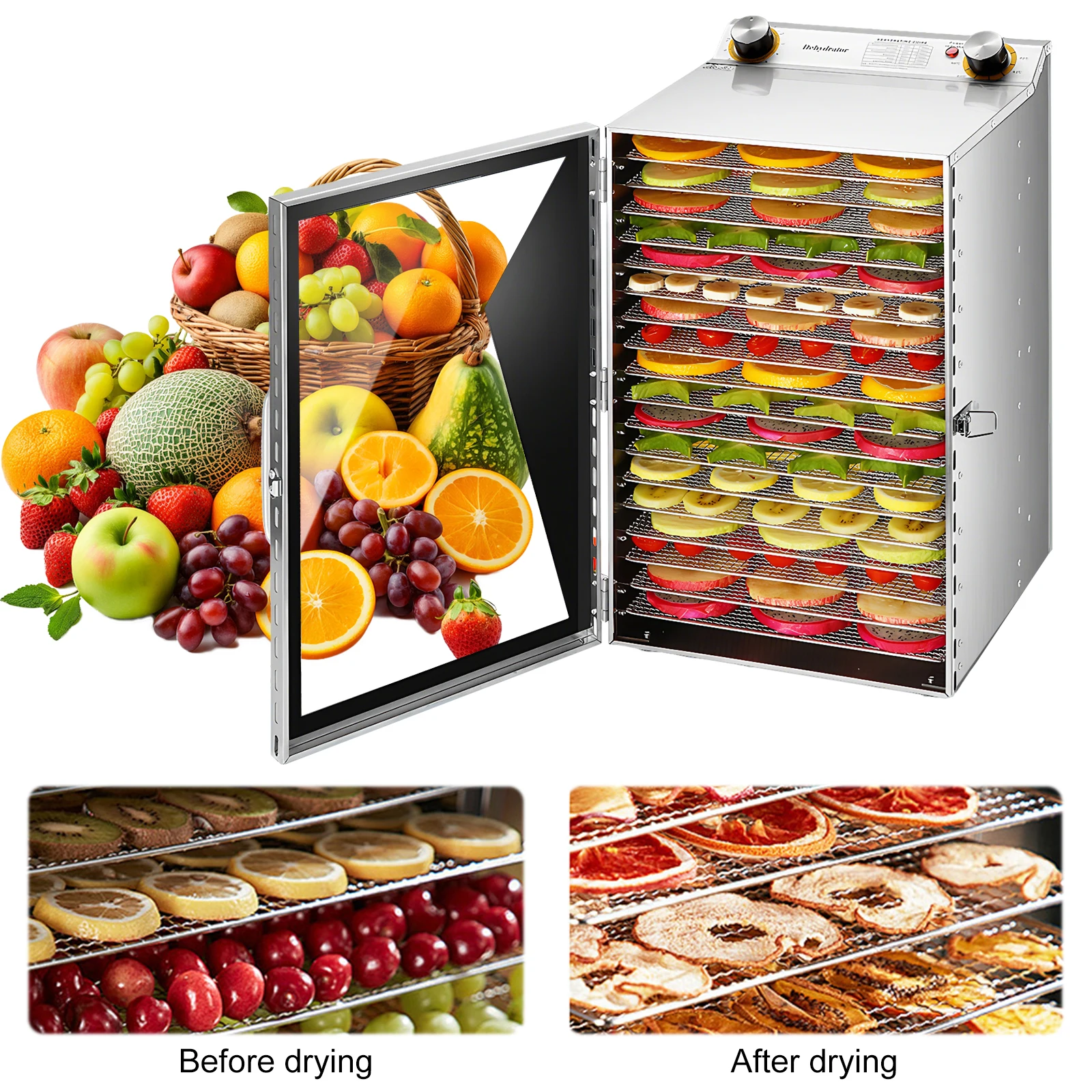 

Дегидратор для продуктов 800 Вт, с таймером на 24 часа, из нержавеющей стали, 18 лотков, для вяленого мяса, собачьих лакомств, мясных продуктов