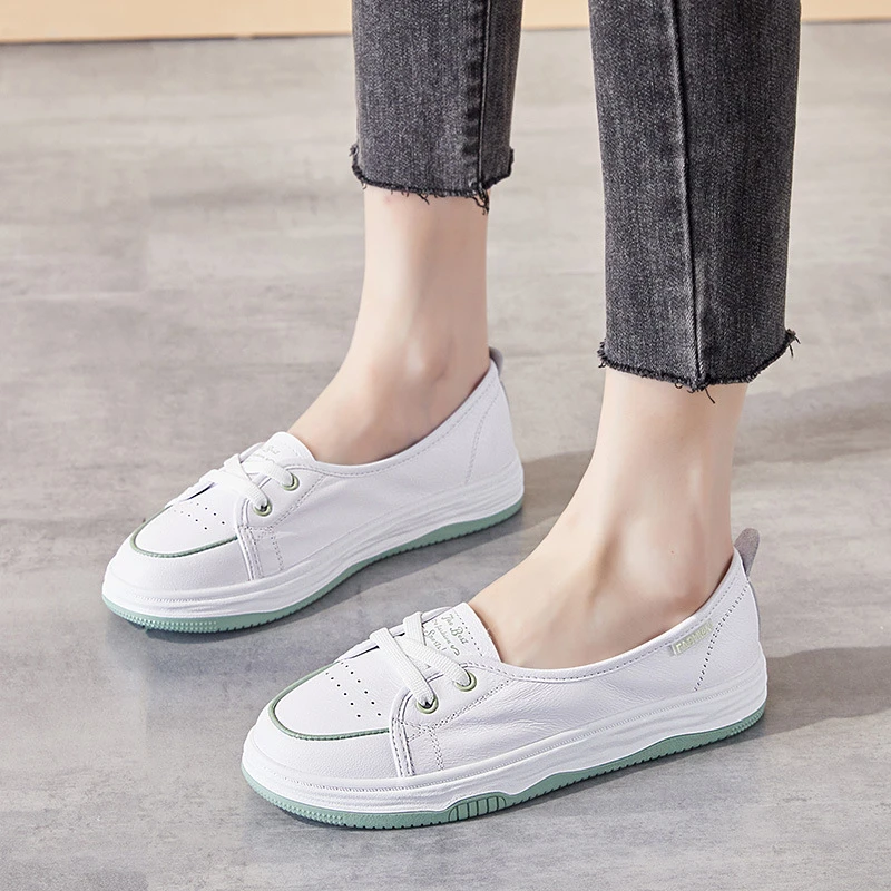 

Shallow Cut Genuine Leather Slip On White Sneakers For Women 2026 Summer New No Tie Lazy Elastic Lace Round Toe Wrinkle Layer So