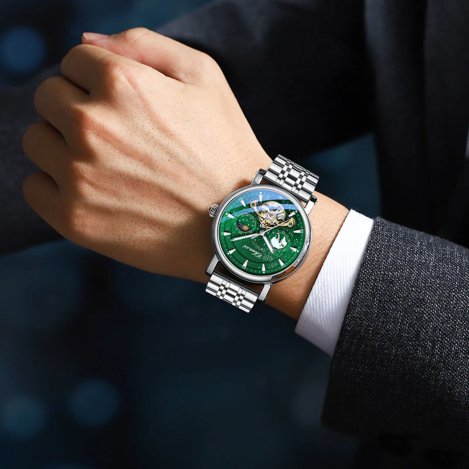 Automatic Mechanical Starry Dial Watches For Men Fashion Moon Phase Skeleton Watch Luxury Stainless Steel Waterproof Wristwatch