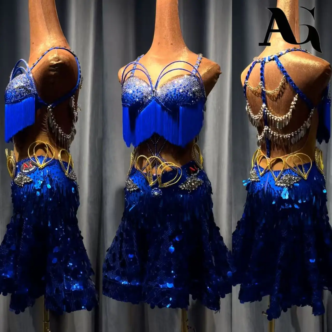 Latin Dancer Adult Children High-End Customized Blue Gold Sparkling Split Sequin Tango Samba AB Stone Performance Dress