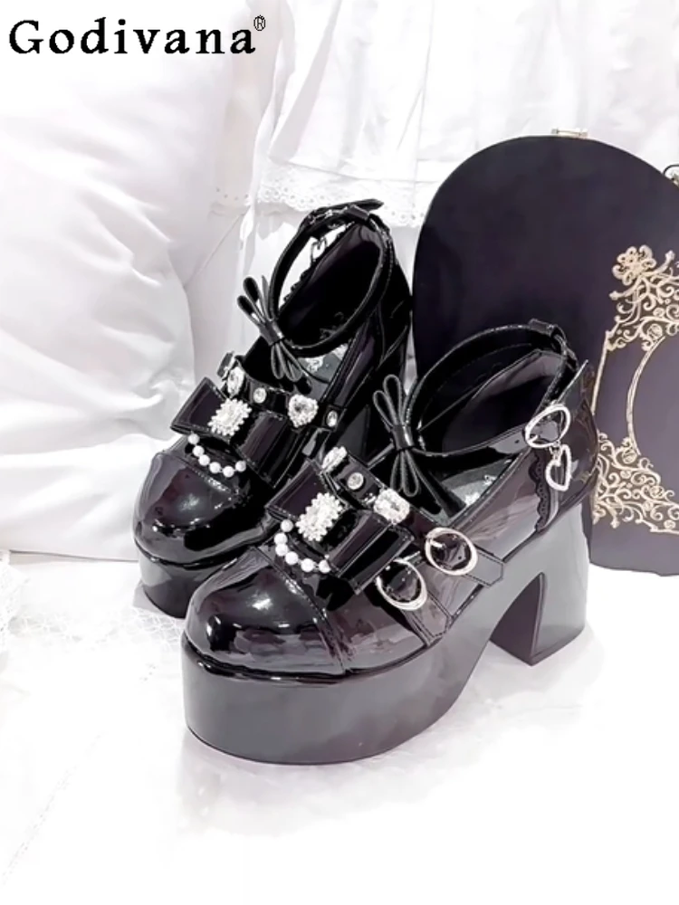

Japanese Original Lolita Sweet Cool Girl Platform High Heels Ground Buds Round Head Thick Heel Rhinestone Bow Muffin Shoes