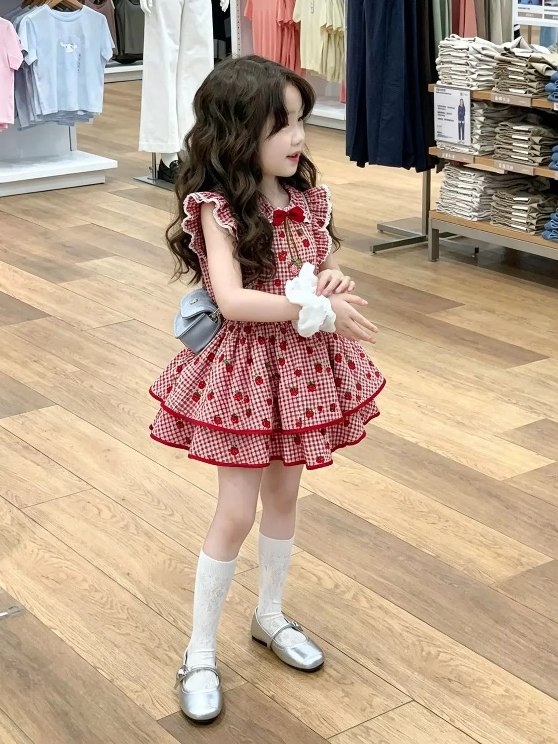 Girls Summer Dress New Children Sweet Red Plaid 3D Strawberry Ruffle Collar Dress Kids Princess Clothing 90-140CM