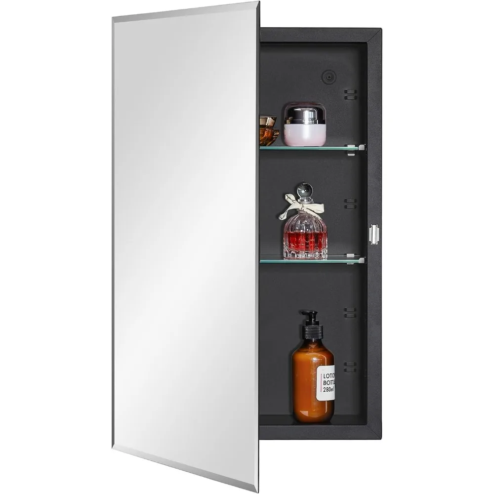 

Black Bathroom Medicine Cabinet with Beveled Mirror 15x24 Recessed or Surface Mount Adjustable Glass Shelves
