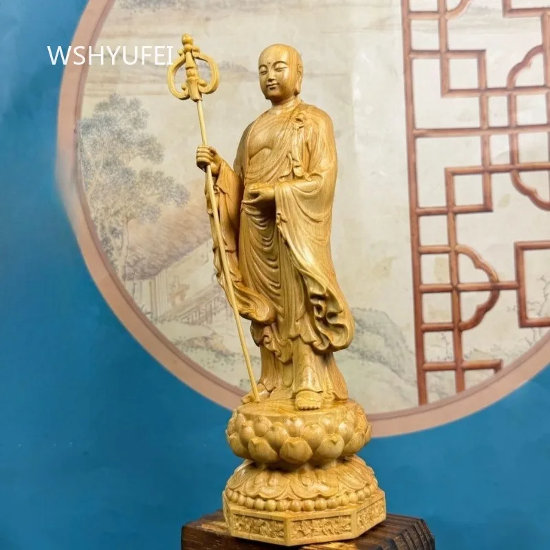 Boxwood Ksitigarbha Bodhisattva Wood Statue Standing Ksitigarbha With Staff Lotus Base Buddha Sculpture For Home Altar Worship