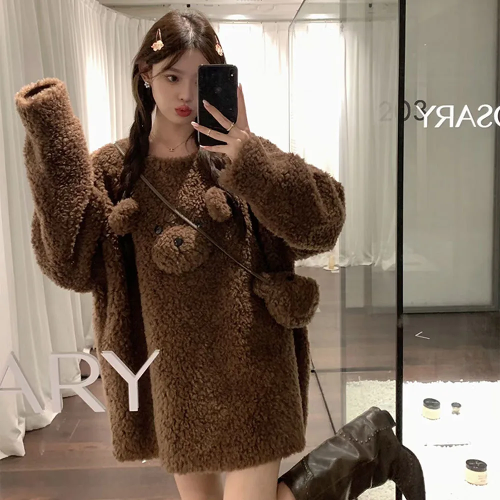 Cute Little Bear Lamb Wool Sweatshirts For Women Kawaii Pullover Sweetheart Women Autumn Winter Loose O-Neck Tops Female + Bag