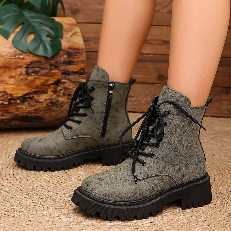 2026 Heightened New Platform Outdoor Retro Casual Booties Women's All-match Lace-up Block Heel Shoes