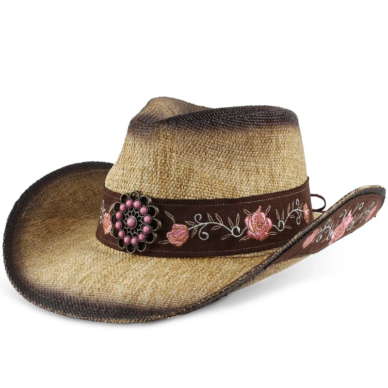 

New Women's Summer Sun Hat With Rose Embroidery, Western Cowboy Hat, Outdoor Jazz Hat