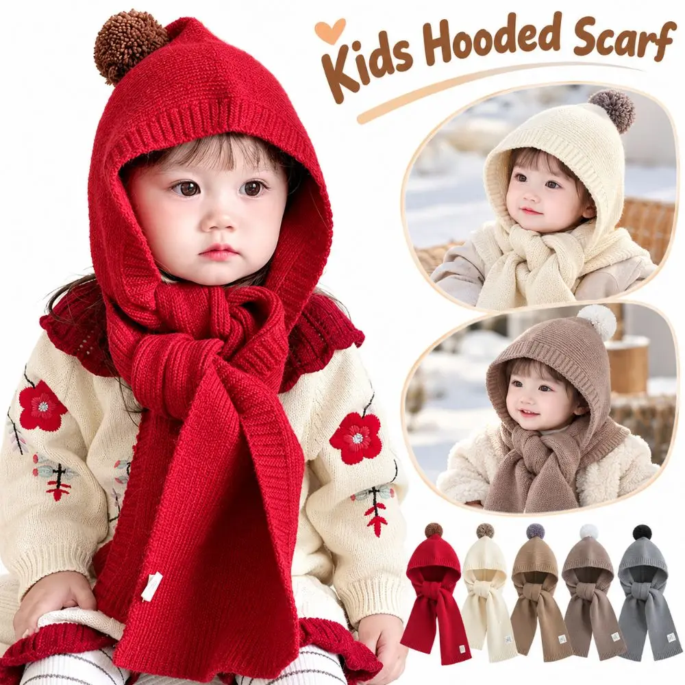 New 2-in-1 Knitted Balaclava Windproof Ear Protection Hat Scarf Combo Stretch Fit Attached Scarf Kids Winter Hat Outdoor Wear